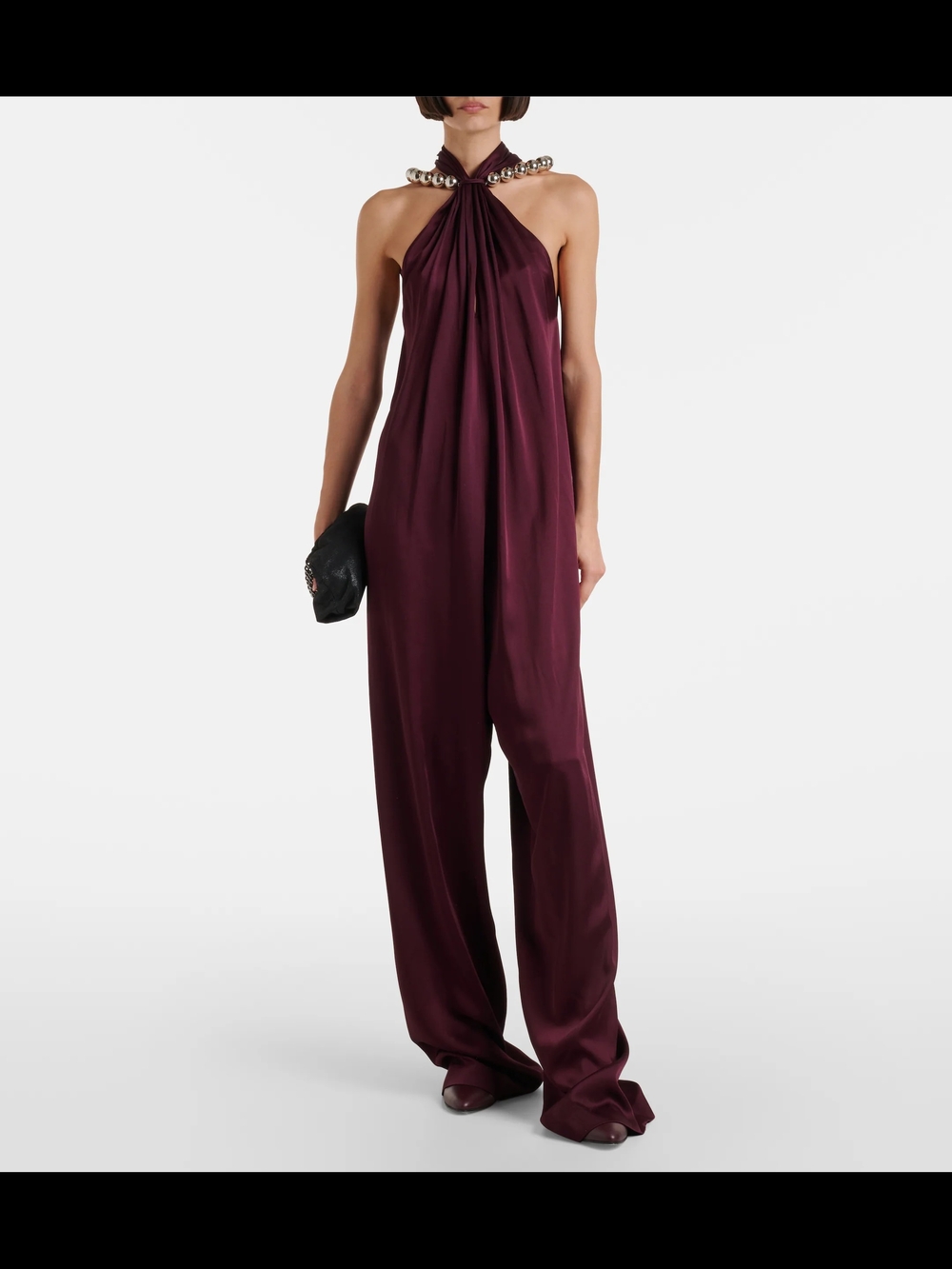 Stella McCartney Deep Burgundy Halter-Neck Wide Leg Satin Jumpsuit Size 42 IT